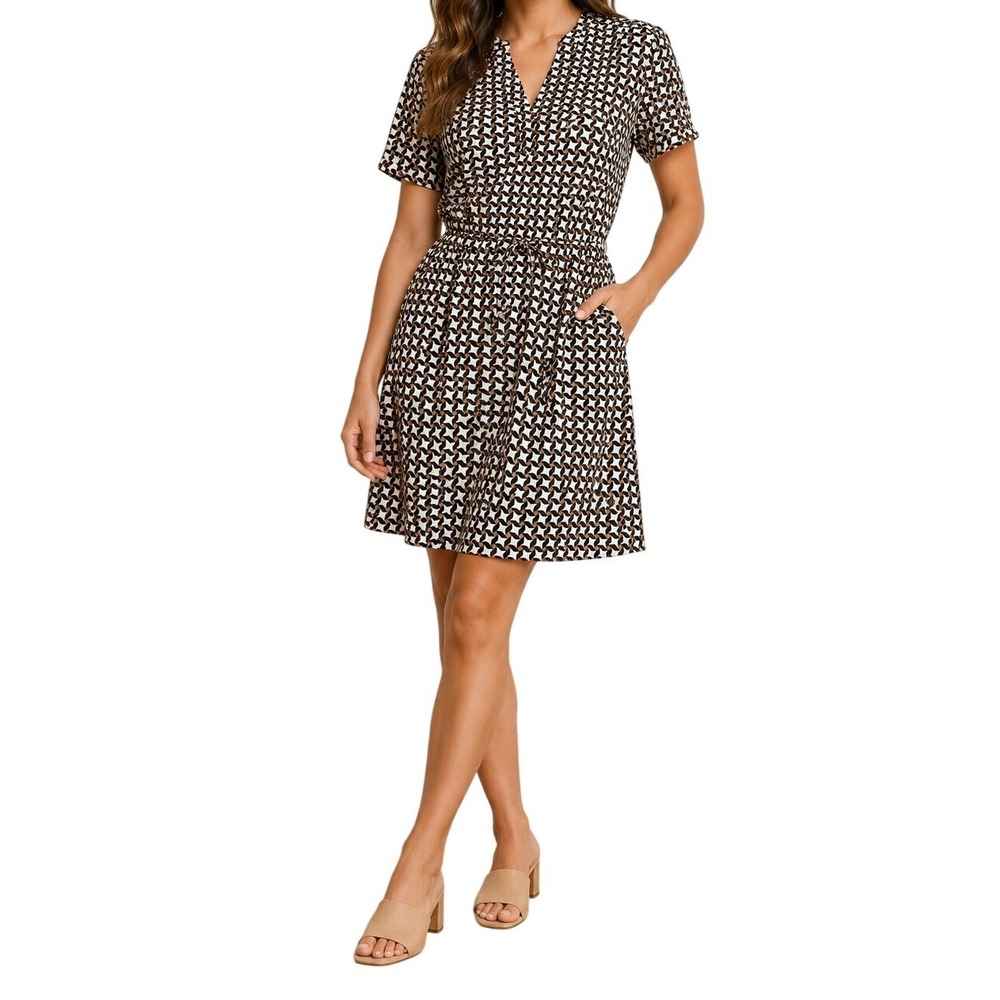Johnston & Murphy Geometric Print‎ Dress Womens XS Black Tan V-Neck Belted